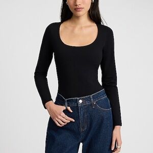 NWOT Express Body Contour Stretch Cotton Scoop Neck Long Sleeve Bodysuit - Black